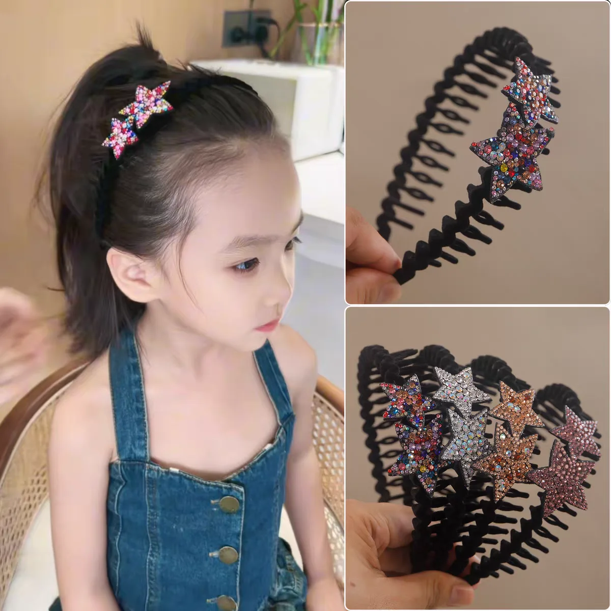 Retro-Strass-Stern-Flock-Haarreif für Frauen, Haar-Accessoire mit Haarzinken, rutschfestes Haarband, Haar-Accessoires