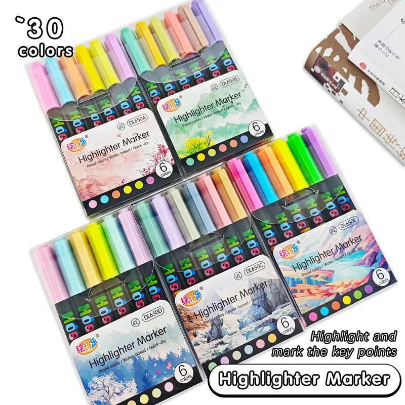 6 Stück Pastell-Textmarker, 30 Farben, fluoreszierender Hakenstift, farbiger Markierungsstift, niedliche Marker für Journaling, japanisches Briefpapier Image