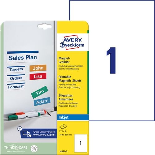 AVERY Zweckform J8867-5 Magnetschilder DIN A4 Weiß 210 x 297 mm 5 Blatt à 1 Etiketten Image