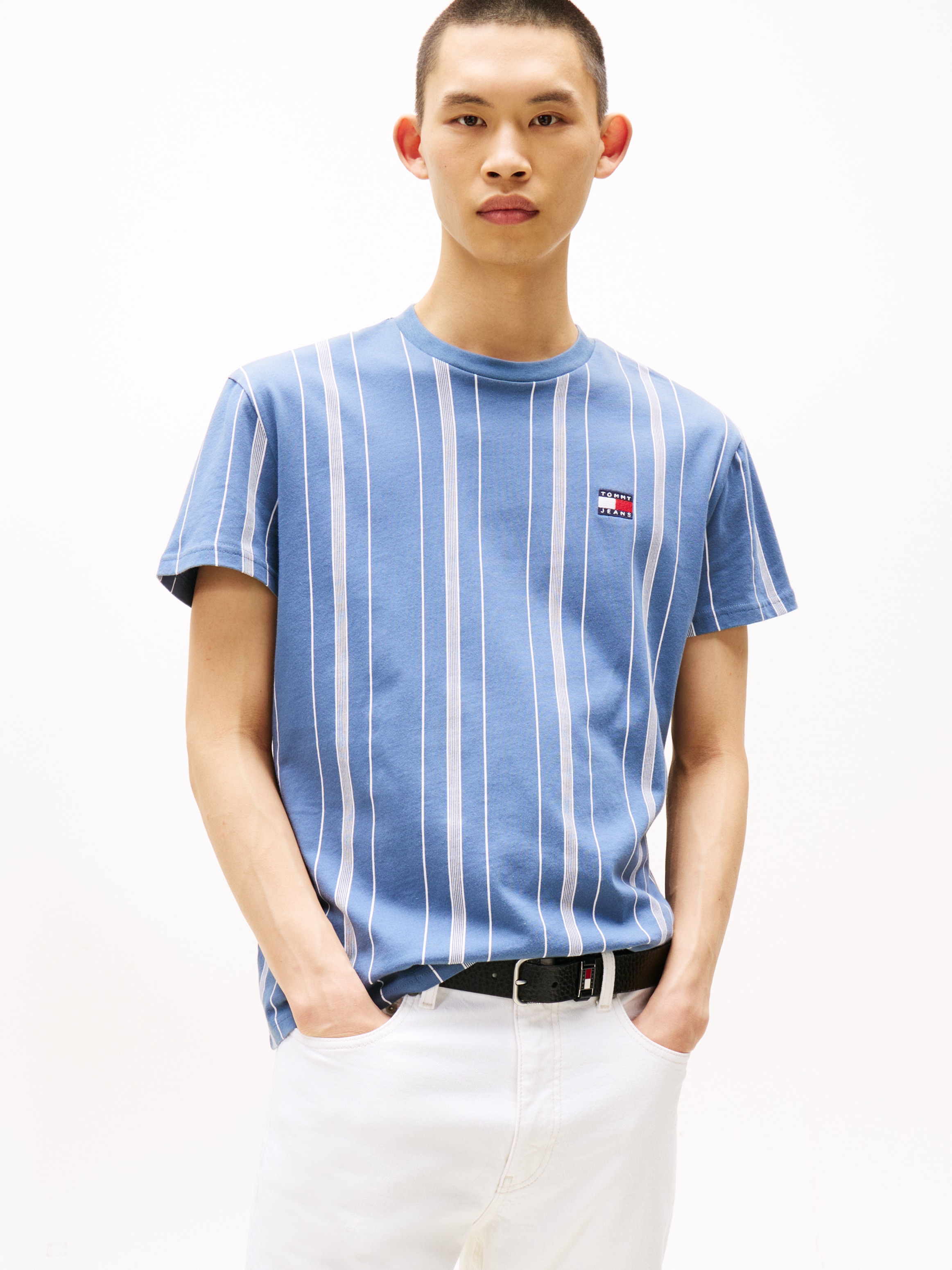 T-Shirt TOMMY JEANS "TJM REG VERT STRIPE SS TEE", Herren, Gr. XL, blau (blau moment stripe), Single Jersey, Obermaterial: 100% Baumwolle, Rundhals, Shirts, modisch gestreift Image