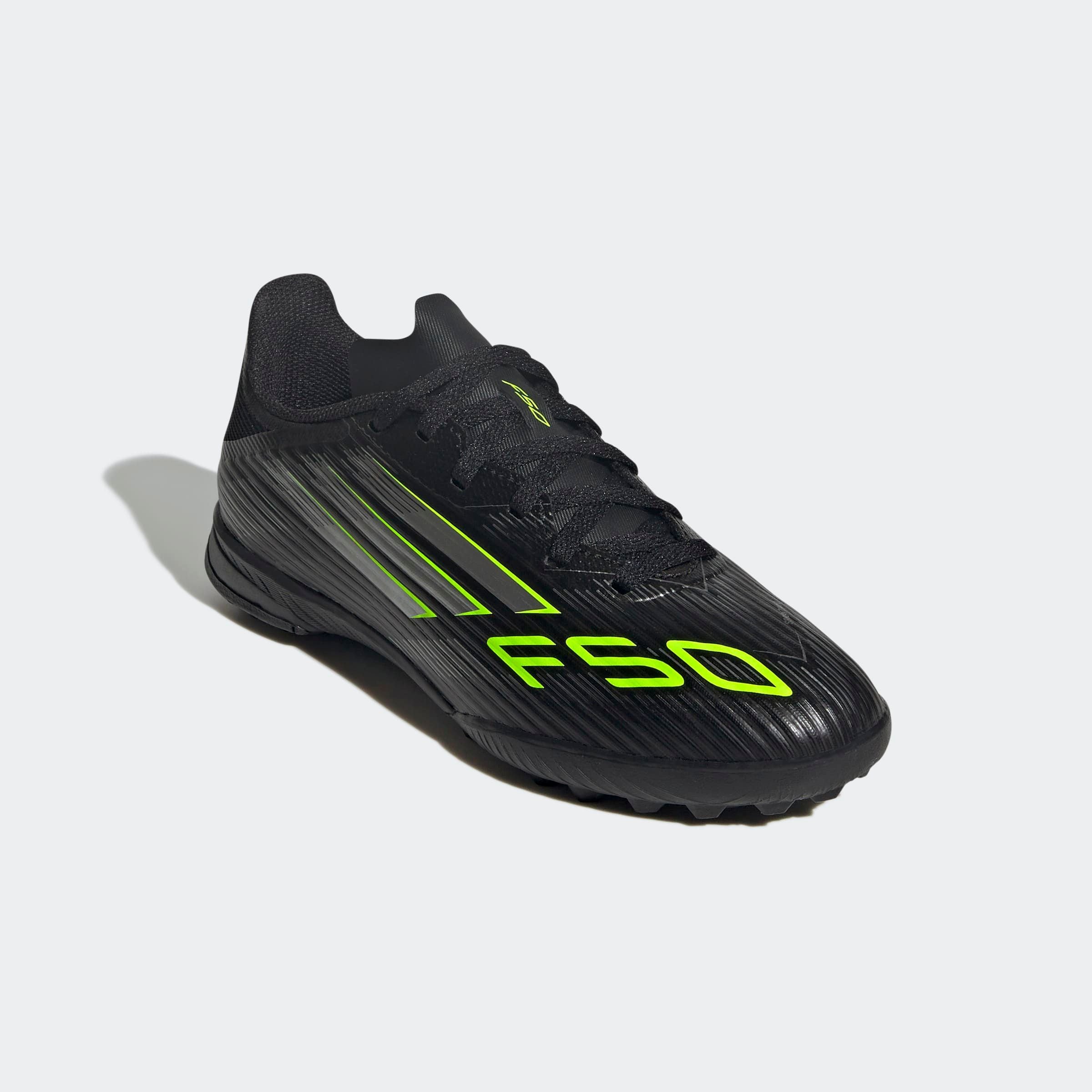 Fußballschuh ADIDAS PERFORMANCE "F50 LEAGUE KIDS TF", Mädchen, Gr. 34, schwarz (core schwarz, iron metallic, lucid lemon), Synthetik, Textil, Schuhe Fußballschuh, geeignet für harte Untergründe Asche und Kunstrasen
