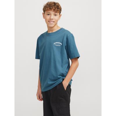 T-Shirt JACK & JONES JUNIOR "JJEBRANDES BACKP RELAXED TEE SS SN JNR", Jungen, Gr. 140, blau (oceanview), Single Jersey, Obermaterial: 100% Baumwolle, bedruckt, modisch, relaxed fit, Rundhals, Kurzarm, Shirts Image