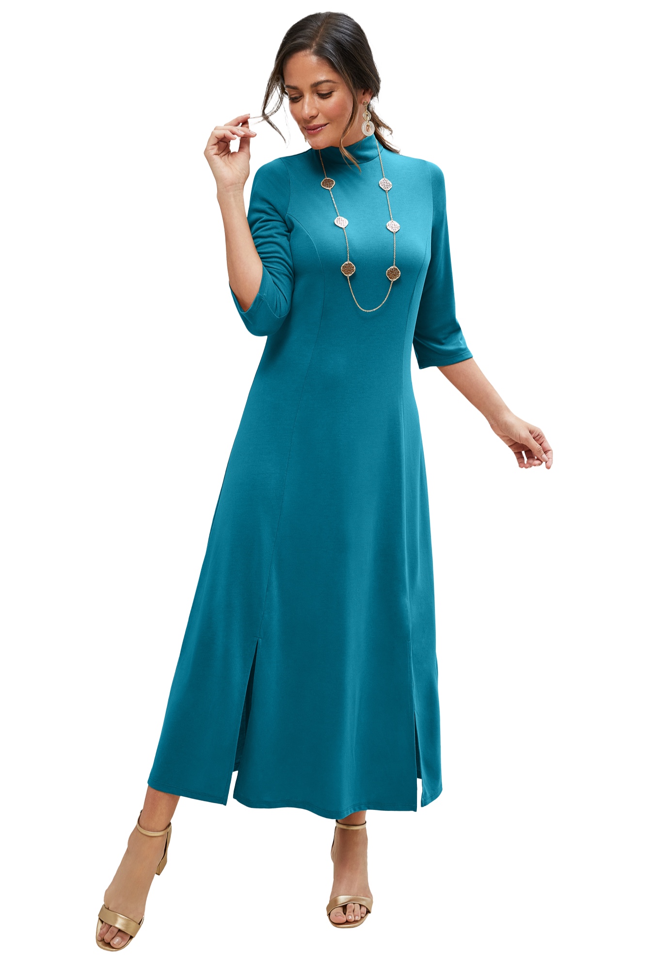 Plus Size Women's Mockneck Slit Maxi Dress by Jessica London in Deep Teal (Size 22 W)