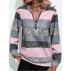 Pull zippé quart femme rayures géométriques décontracté manches longues col rond tops réguliers maison vêtements de tous les jours imprimé rose automne hiver