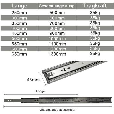Swanew 6X Schubladenschienen Vollauszüge 400 mm Schubladen Führung kugelgelagert Tragkraft 35 Image