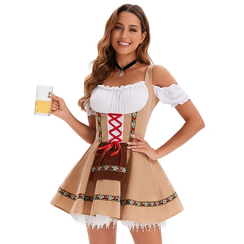 Oktoberfest Robe Dirndl Mini longueur Femme de ménage Bavarois Allemand Munich Prairies Femmes Soirée Fête de la Bière Tissu de style traditionnel (40 cm)