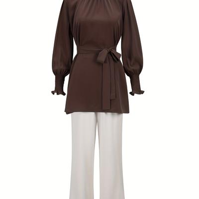 TEMU Women's Elegant Two-piece Yt Set - Beige Pants And Brown Blazer With Bow Detail, Spring/summer/fall, Polyester Fabric, Traditional & Cultural Style, Casual Attire|yt Jacket|polyester Fabric Image