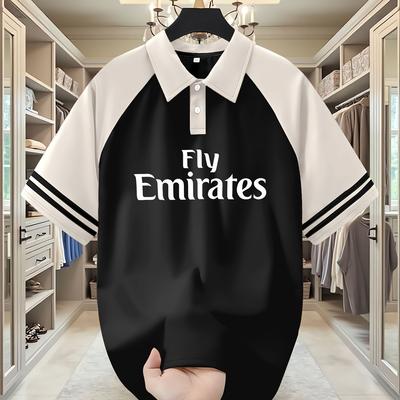 TEMU Men's Fly Emirates Graphic Print Shirt - , Short Sleeve, Casual Summer Style, Button-up Collar, Lightweight Polyester Blend, Casual Attire, Casual Summer Wear | Sporty Shirt | Durable Fabric Image