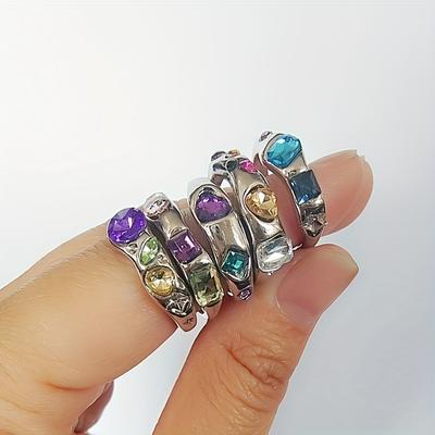 TEMU 5pcs/set Of Fashionable Dopamine Colored Inlaid Artificial Synthetic Gemstone Opening Women's Rings Suitable For Street Photography, Parties, Daily Matching Image