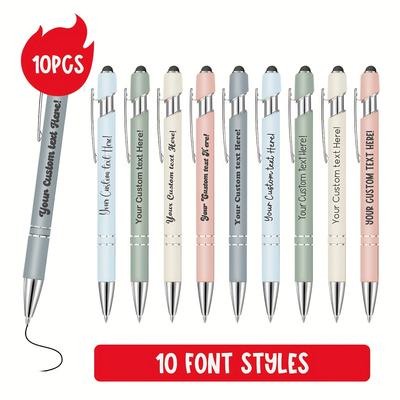 TEMU 10pcs Customizable Round Metal Retractable Ballpoint Pen Set With Stylus Strap- Smooth Writing Experience, , Office, School, Diary And Art Projects, 10 Font Styles Personalized Image