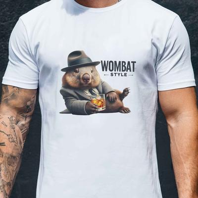 TEMU Men's Casual Crew Neck T-shirt With Australian Wombat Print, 100% Polyester Short Sleeve Summer Top, Medium Stretch Knit Fabric, Regular Fit For - H Image