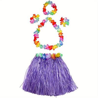 TEMU 5pcs, Purple Hawaiian Hula Dancer Costume Set - Elastic Grass Skirt With Flowers, Tropical Birthday Party And Holiday Decorations Image