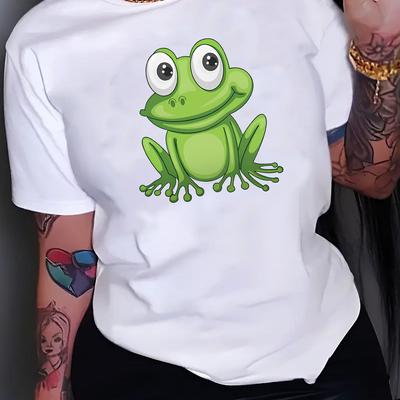 TEMU Women's Cartoon Animal Frog Print T-shirt, Comfortable Soft Polyester , Crew Neck, , Medium Stretch Knit Fabric, For All Image
