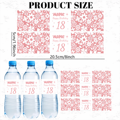 TEMU 10pcs Personalized Water Bottle Label Stickers For 18th Birthday Party, Pink , Customizable Name And Date, Waterproof Paper, No Feathers, Wedding Themed Decorative Adhesive Tags Image