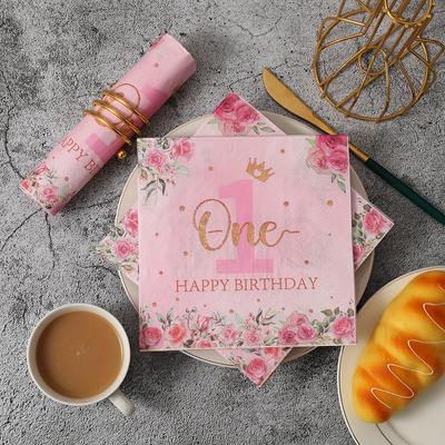 "TEMU 20pcs First Birthday Happy Birthday Napkins, 13x13 Inches - With & "one" Script, Parties, Restaurants, Kitchens, And Cafes" Image