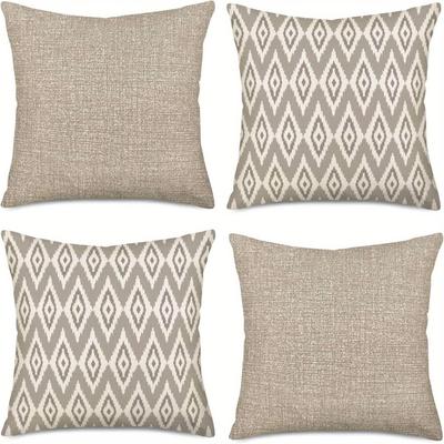 TEMU 4pcs Bohemian Beige Pillow Covers - Solid & Ikat Pattern, Multiple Sizes, Zipper Closure, Machine Washable Sofa Cushion Cases For Indoor/outdoor Use, Holiday Party Decor, Decorative Pillows Image