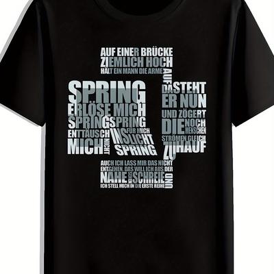 TEMU Men's Band Graphic T-shirt - Black With White German Print, Short Sleeve Round Neck Casual Summer Tee, Machine Washable Rock Apparel, Image