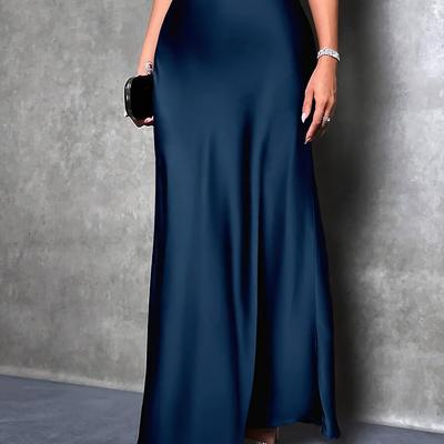 TEMU Elegant High-waist Maxi Satin Skirt For Women, Plus Size, Solid Color Black, Flowing Design, Events, Machine Washable Polyester, Maxi Skirt Image