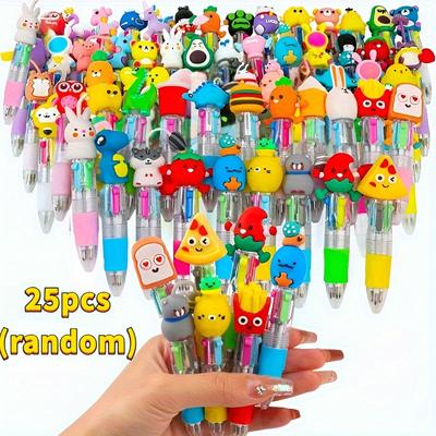 TEMU 25pcs Four-color Ballpoint Pens, 4 Vibrant Ink Colors, Patterns Including Fruits, Snacks, Vegetables, Animals, Suitable For Daily Use, Classroom Interaction Prizes, And Party Small Gifts Image