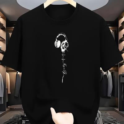 TEMU 2024 's Geometric Headphones Graphic T-shirt - 100% Polyester Casual Short Sleeve Tee, Lightweight 140gsm, Machine Washable, Regular Fit For Casual Attire Image