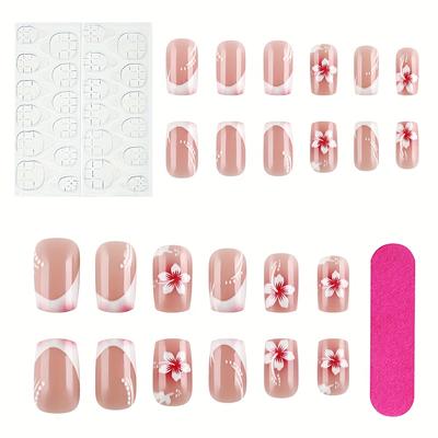 TEMU Upgrade Your Look Instantly With 24pcs Summer-inspired, Fresh And Minimalist Short Square Full-coverage False Nails Featuring A Peach Design, Women's , Dates, Parties Image