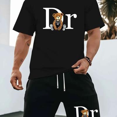 TEMU 1 Set Of Summer 's Casual Sports Casual Suit Round Neck T-shirt Short Sleeve + Shorts, Knitted Fabric, Fashionable Personality , Suitable For Outdoor Activities Printed Summer Two-piece Set. Image