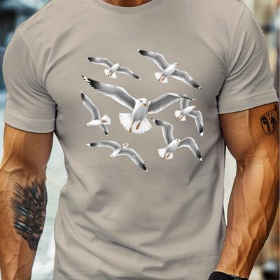 TEMU Men's Casual T-shirt With Seagull Print - Comfy Lightweight Crew Neck Short Sleeve Top For Summer, Polyester Image