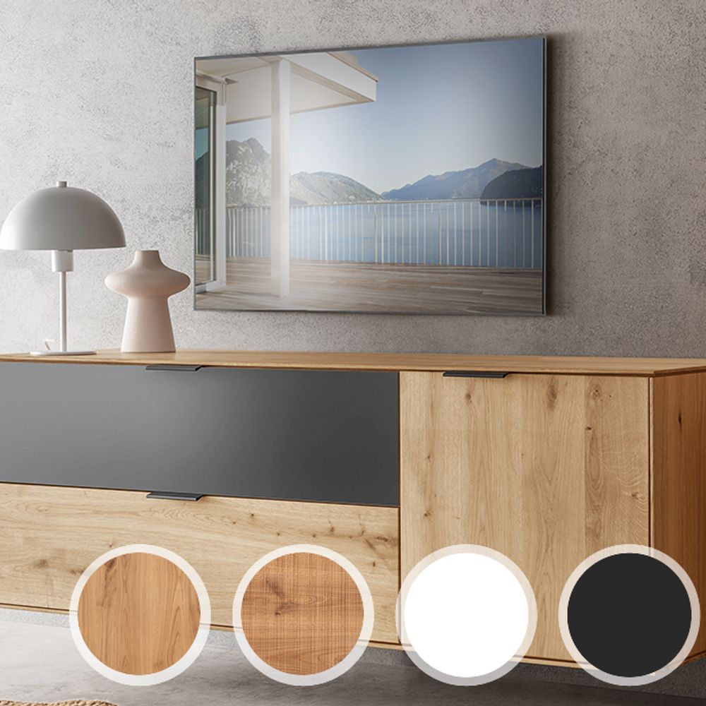 Massivholz »Lugano« Lowboard I hängend Hobelschlag Front / obere Schublade in Weißglas