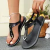 2025, Sommer-Flip-Flops, Sandalen für Damen, römischer Stil, flacher Boden, lässige Strandsandalen, Damenschuhe, solide elastische Band-Sandalen