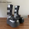 Schwarze Stiefeletten mit großer runder Zehenpartie und Plateausohle, höhenvergrößernde Bandage, Patchwork-Slipper, schlanke, moderne Booty-Punk-Schuhe