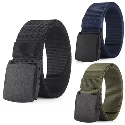 Men's Anti-Allergy Nylon Tactical Belt Plastic Buckle Training Belt Durable Outdoor Waistband Students Hiking Canvas Belt