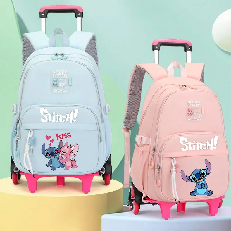 Sacs à dos d'école à roulettes Disney Stitch, sacs à roulettes avec roulettes, sac d'école étanche pour adolescentes et enfants, sac de voyage à roulettes
