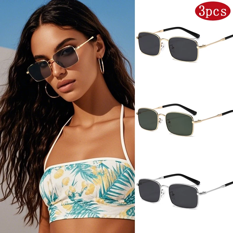 3 stücke Hohe Qualität Rechteck Sonnenbrille Frauen Metall Rahmen Gläser Vintage Marke Quadrat Sonnenbrille für Männer Shades Weibliche Brillen Image