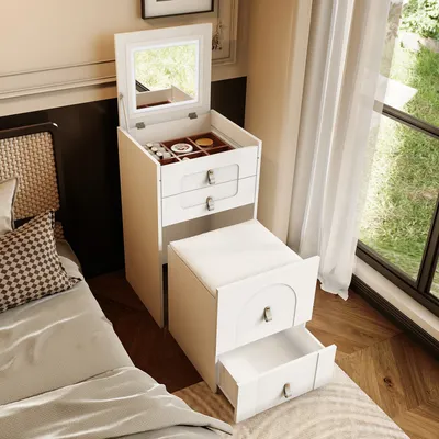 Bedside Table Damming Table With Mirror And LED 3 Drawers Multifunctional Bedroom Cabinet Contains Make-up Stool