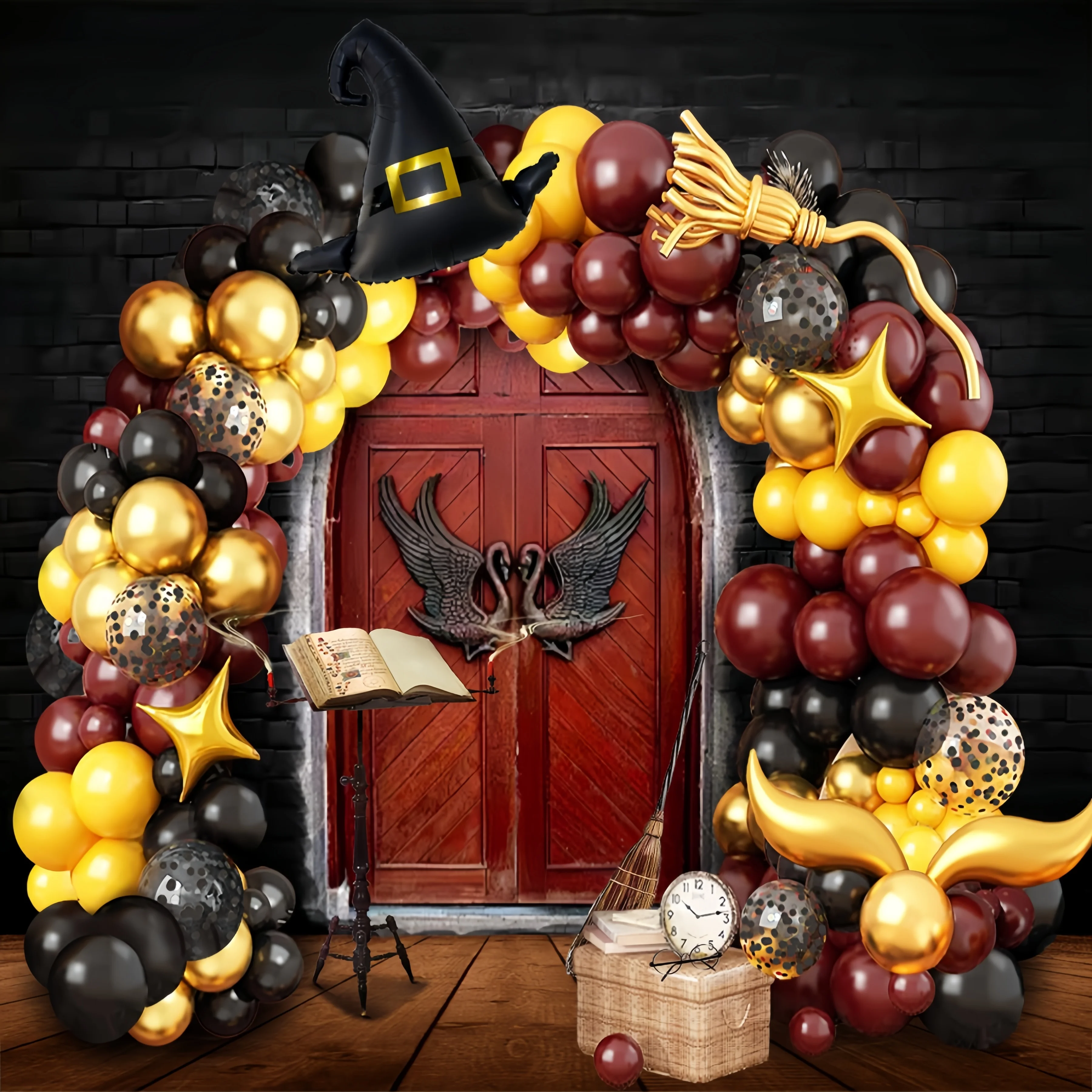 117-teiliges Wizard Magic Theme Ballonbogen-Set, Wizard Hat Gold S-förmiger Aluminiumfolienballon, geeignet für Geburtstag, Junggesellenabschied, Mottoparty-Szenenlayout Image