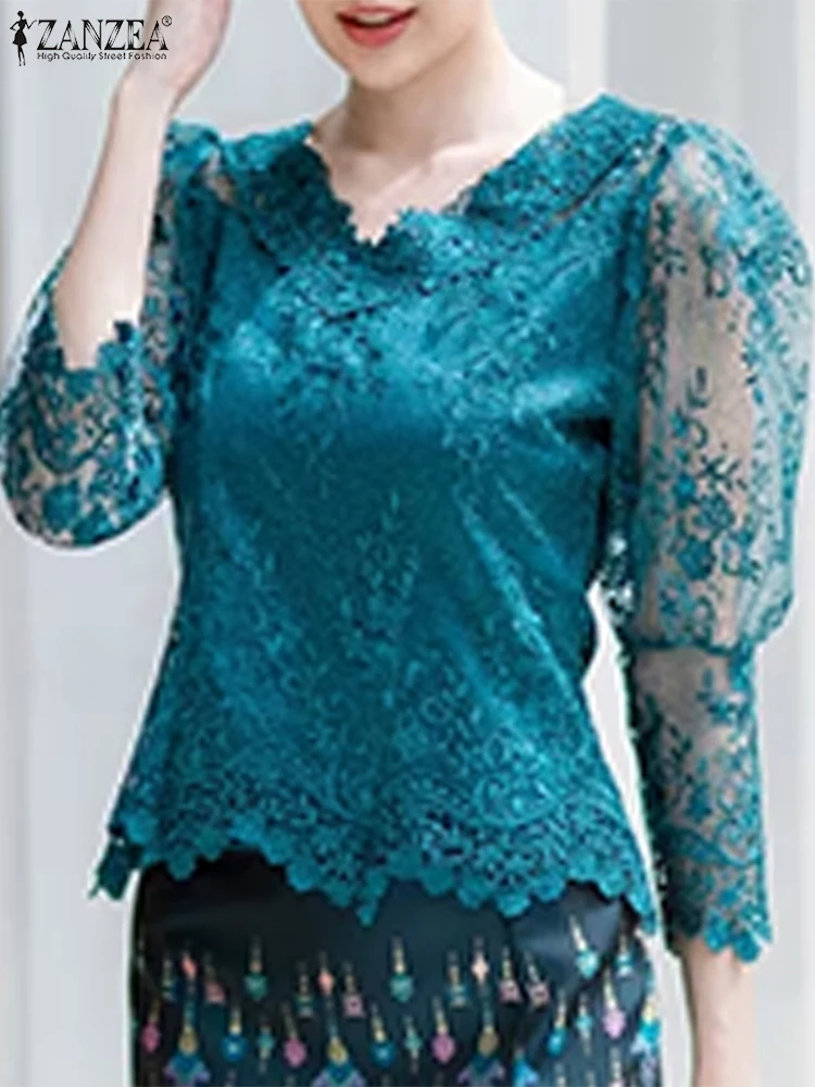 ZANZEA Frauen Herbst Spitze Aushöhlen Bluse Tops Vintage Floral Blusas 3/4 Hülse O Neck Tuniken 2025, Casual Transparent Pullover