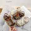 Mädchen Sandalen Sommer Neue Süße Prinzessin Gestickte Kinder Flache Sandalen Elegante Vielseitige Kinder Ausgehöhlte Schuhe Braun Beige