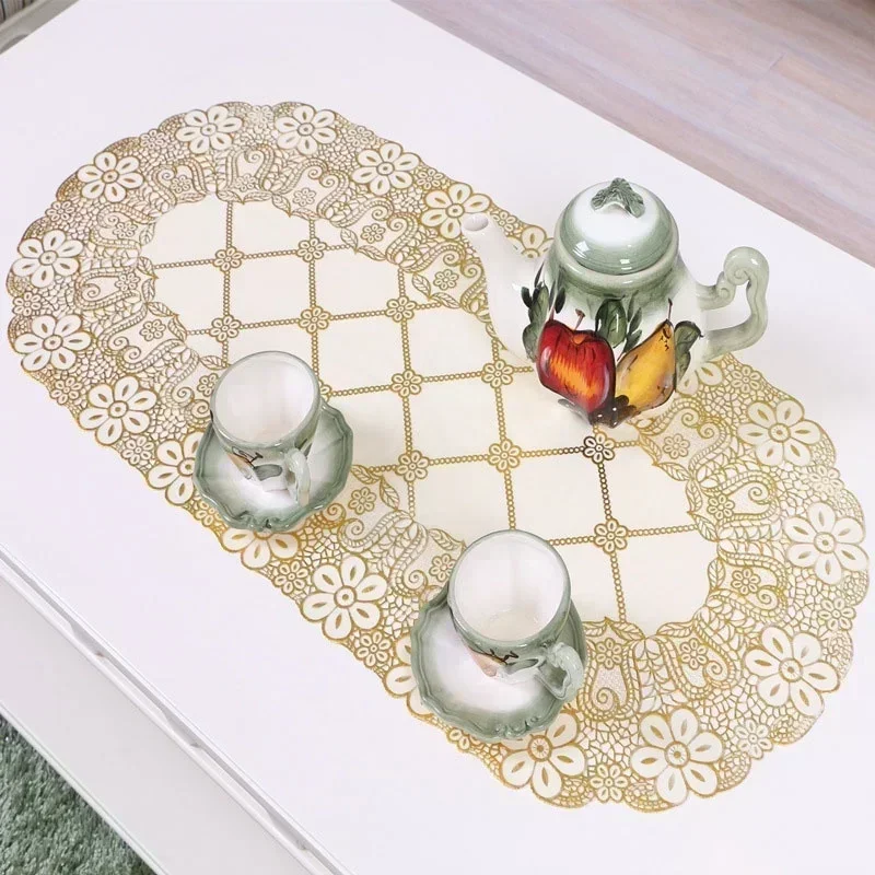 Ovale Tischdecke mit Vintage-Spitze, bestickt, für Hochzeit, Party, Zuhause, Teetisch, Matten, Küchendekoration, wasserdichte PVC-Tischdecke
