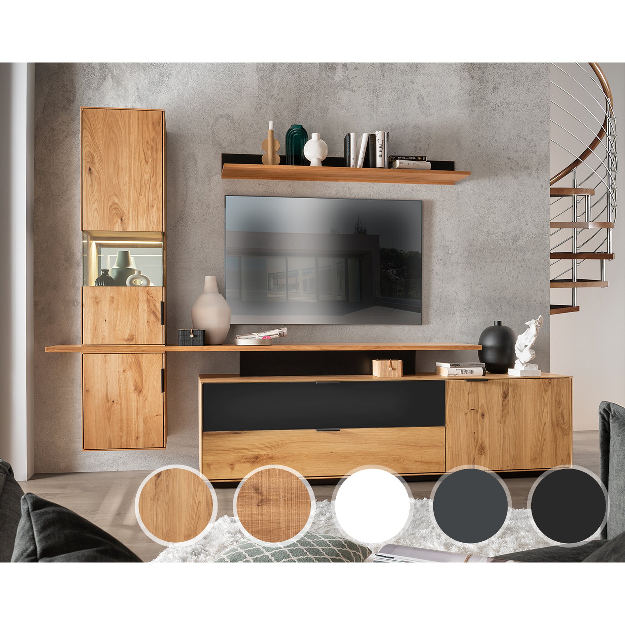 Massivholz »Lugano« Wohnwand Hobelschlag Front / Hobelschlag Front / Aufsatz Fuß Anthrazit