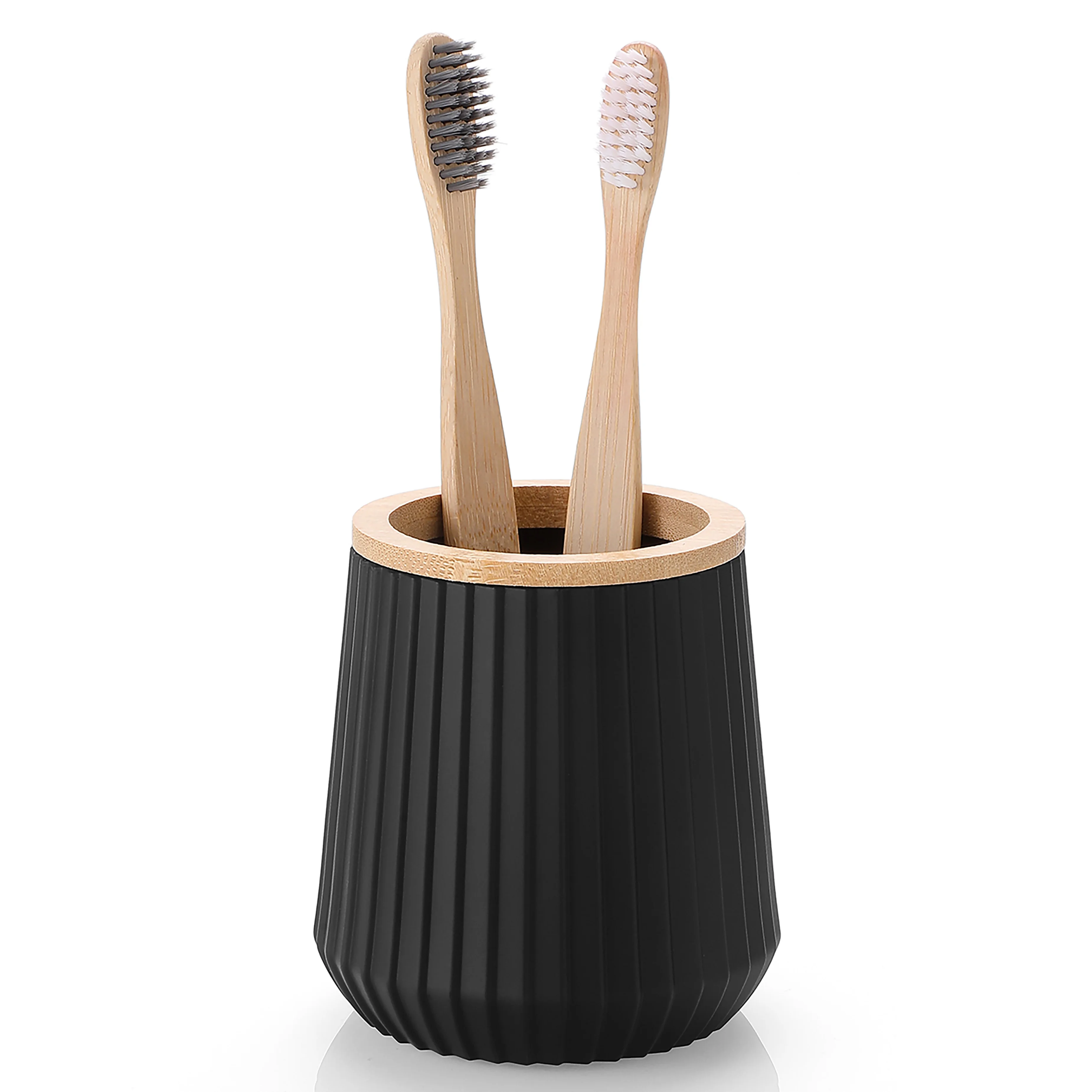 Dekorativer Zahnbürstenhalter aus mattschwarz gestreiftem Bambus im modernen Stil für Badezimmer-Waschtische und Arbeitsplatten
