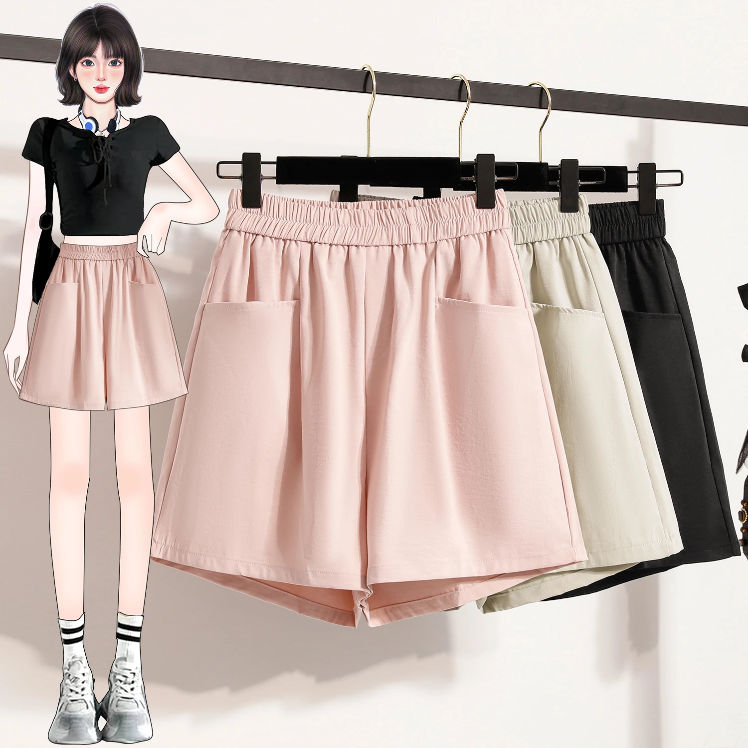 Lässige Damen-Shorts mit hoher Taille, lockere Passform, für den Außenbereich, dünner Stil, A-Linie, lässige Hose mit weitem Bein, leicht, bequem Image