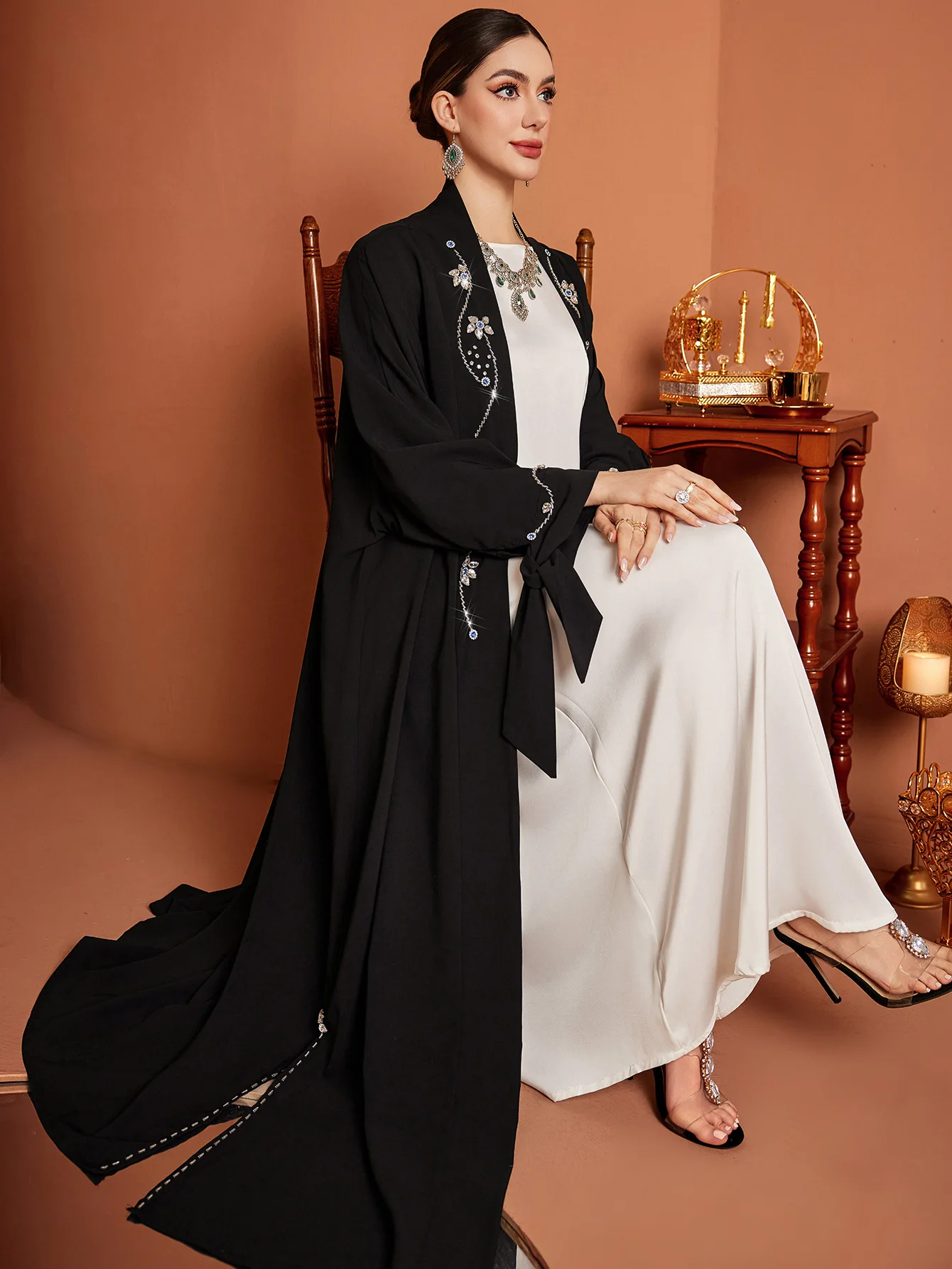 Eid Muslim Abaya Strickjacke Frauen Diamant Perlen Offene Lange Kleider Kaftan Party Kaftan Jalabiya Ramadan Dubai Arabische Lange Robe 2025, Image