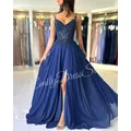 Robe de soirée en mousseline de soie bleu Royal pour femmes, élégante, bretelles appliquées, décolleté en v profond, dos nu, robes de bal formelles, robe de concours