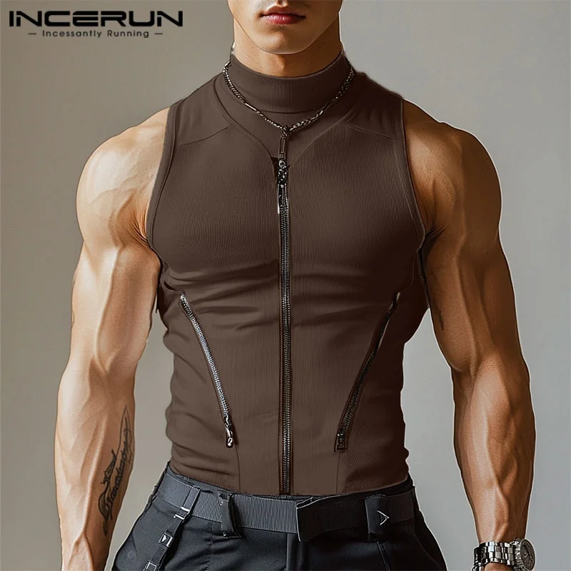 INCERUN Ärmellose Tops T Männer Tank Tops Sexy Sommer Streetwear Fashion Solid Farbe Zipper Tops Oversize männer Kleidung S-5XL Image