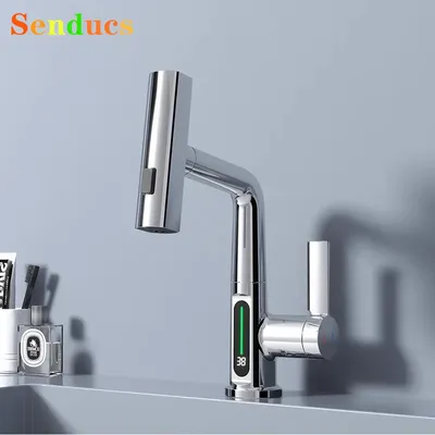 Waterfall Digital Kitchen Mixer Faucets with Pull Down Sprayer Lifting Pull Out Kitchen Sink Mixer Tap Hot Cold Kitchen Faucet