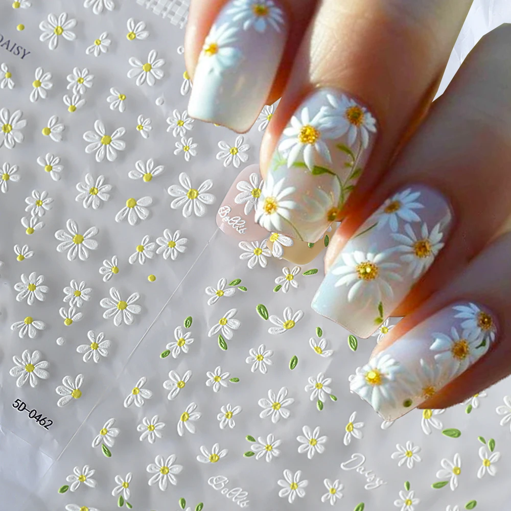 2 pezzi 5D adesivi per nail art con design margherita bianca in rilievo margherita fiorellino foglia verde decalcomanie per nail art adesivi per decorazioni primavera estate fai da te