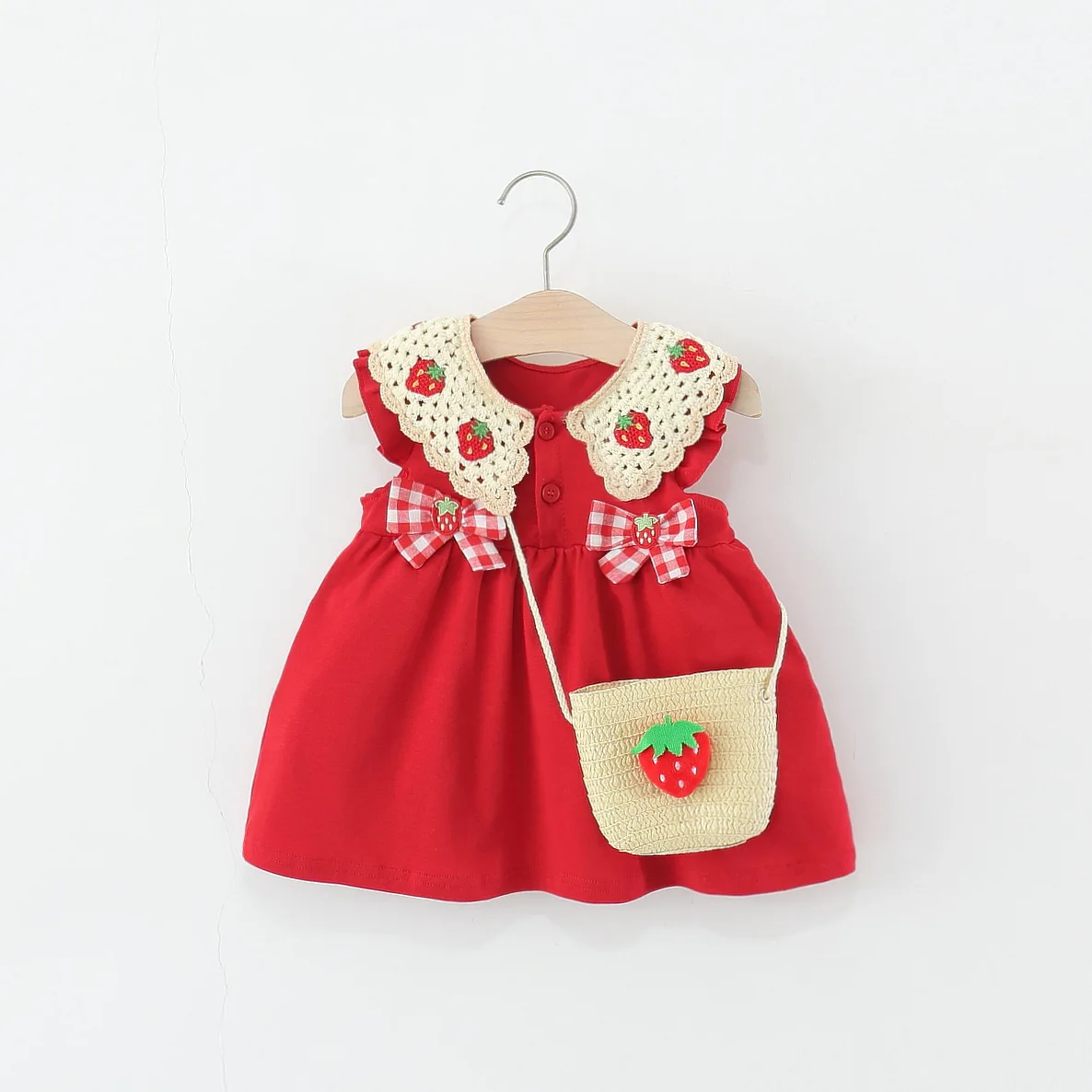 Baby Mädchen Kleid Sommer Erdbeere Druck Baumwolle Mädchen Kleid Niedliche Schleife Ärmelloses Mädchen Kleid Mit Tasche Image