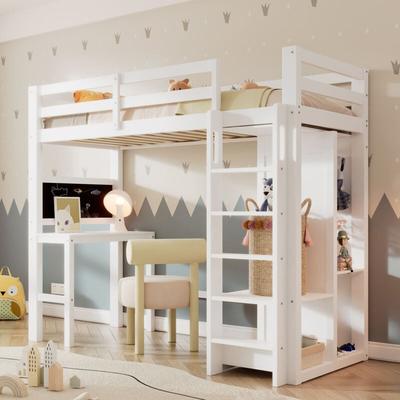 Okwish - Kinderbett Hochbett mit Schreibtisch Offener Kleiderschrank und Regalen Kinderbett mit Image