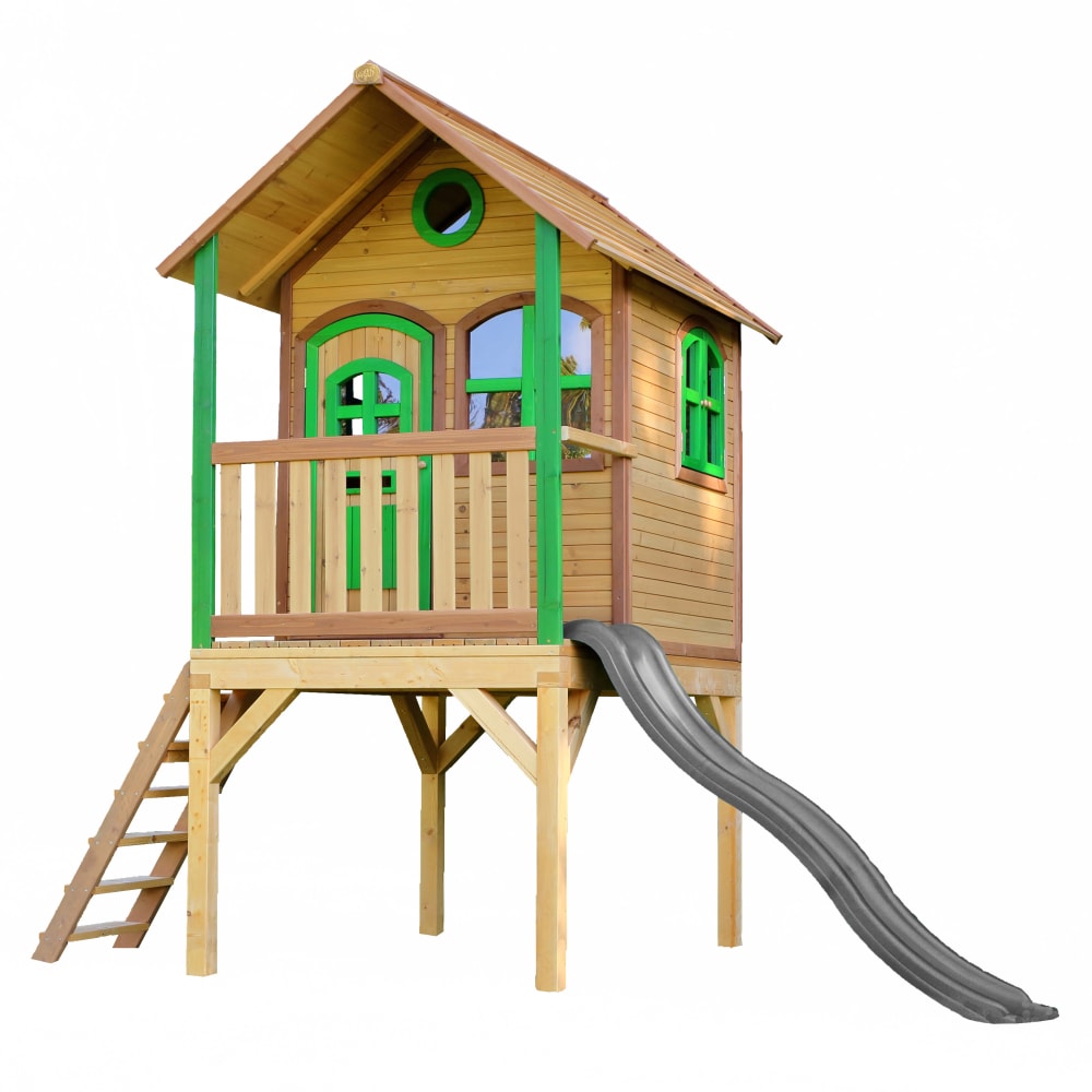 Casetta per bambini con scivolo grigio, legno FSC, marrone/verde