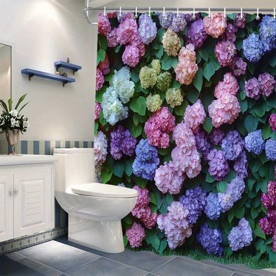 TEMU 1pc Hydrangea Garden Shower Curtain, Polyester Fabric, Pink, Purple, Blue, And White , Floral Display With Green Foliage, Spring Bathroom Decor With 12 Hooks, 70x70 Inches. Image